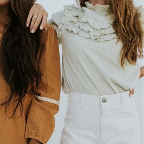 Salt By ROOLEE Pistachio Ruffle Puff Sleeve Feminine Modest Top - Picture 12 of 14